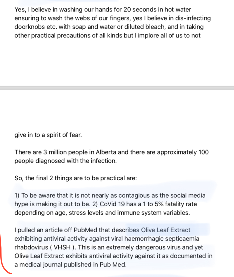 About a year ago, John Battershill sent an email out to his clients downplaying the dangers of  #Covid19. He called it "viral pneumonia" & suggested using Olive Leaf Extract--which he sells--to ward off the disease. Since then 1900 Albertans have died.  #COVID19AB