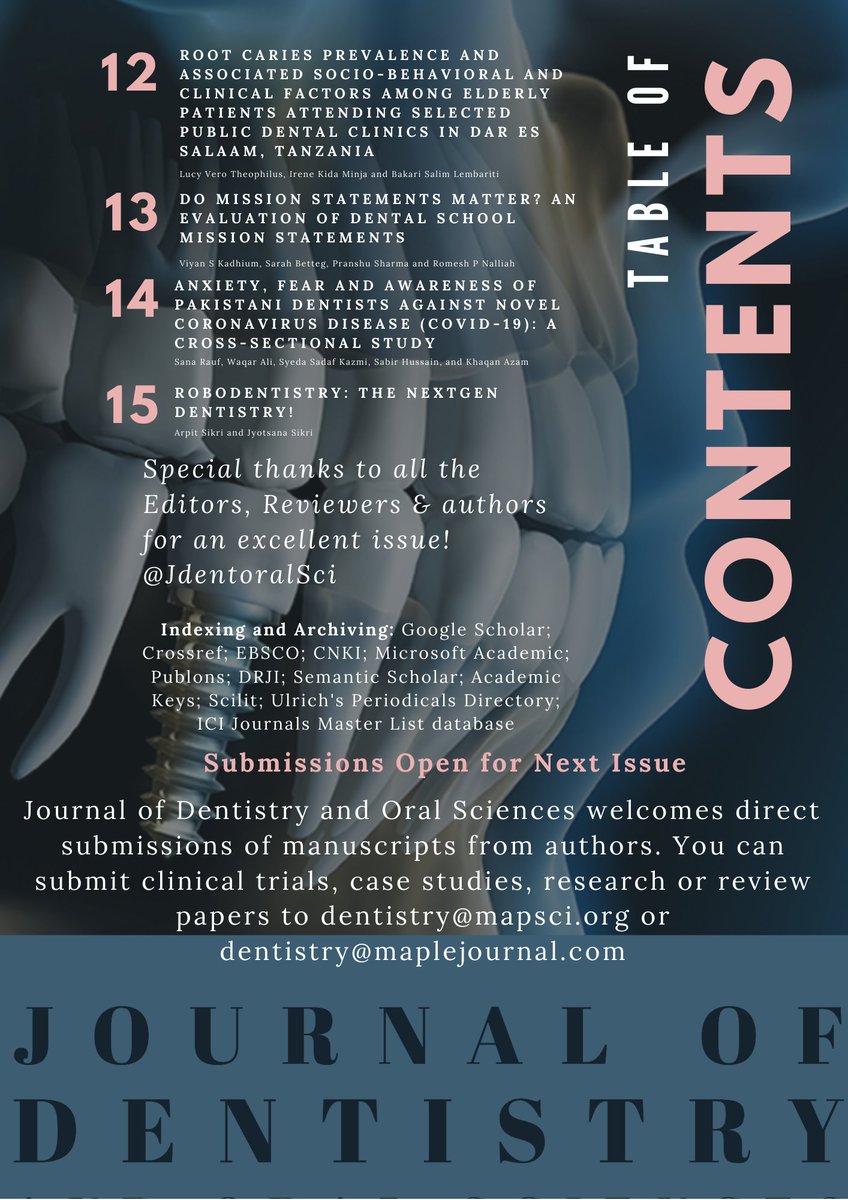 JdentoralSci's tweet photo. Table of contents: Volume 3 Issue 1
Thanks to Editors, Reviewers & all the authors for an excellent issue!
Visit: https://t.co/JJDVNm9lxB
📩- dentistry@mapsci.org
It will be indexed and shared as widely as possible.
#openaccess #research #OA #dentistry #oralscience https://t.co/SJ0O4sh904