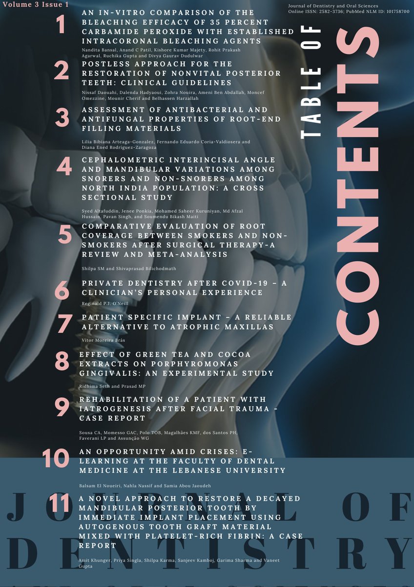 JdentoralSci's tweet photo. Table of contents: Volume 3 Issue 1
Thanks to Editors, Reviewers & all the authors for an excellent issue!
Visit: https://t.co/JJDVNm9lxB
📩- dentistry@mapsci.org
It will be indexed and shared as widely as possible.
#openaccess #research #OA #dentistry #oralscience https://t.co/SJ0O4sh904