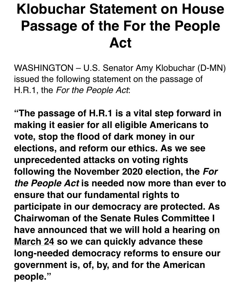 Statement from @SenAmyKlobuchar on the passage of the For The People Act in the House! Next up- the Senate Rules Committee 🗳