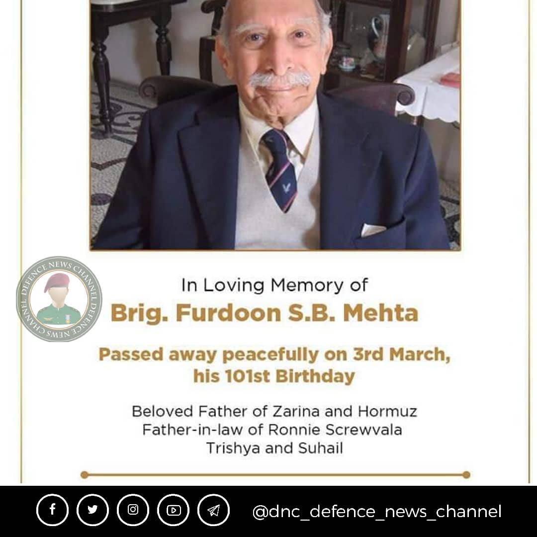 DefenceDnc's tweet photo. BRIG FURDOON MEHTA, the first Indian Army aviator, also first CO of 9 Para Field Regiment left for his heavenly abode on his 101st birthday, with last wish fulfilled of having a bugler play, "The Last Post" at his funeral.
#Indian #indianarmy #JAIHIND #selflessservice https://t.co/JRVry9uKNQ