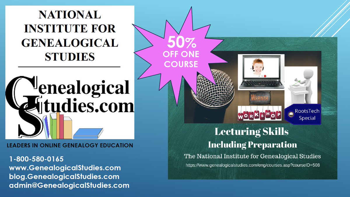 GenealogyWise's tweet photo. #RootsTech2021 50% off ANY ONE Course [CODE: 2021c50] Expires March 5th. #genealogist #familyhistory #skillbuilding @GeneaStudies 
Lecturing Skills including Preparation: 
https://t.co/8AvsSbATJM 
More Discounts: 
https://t.co/UGQiY5f8aZ https://t.co/m5VdIsBkB3