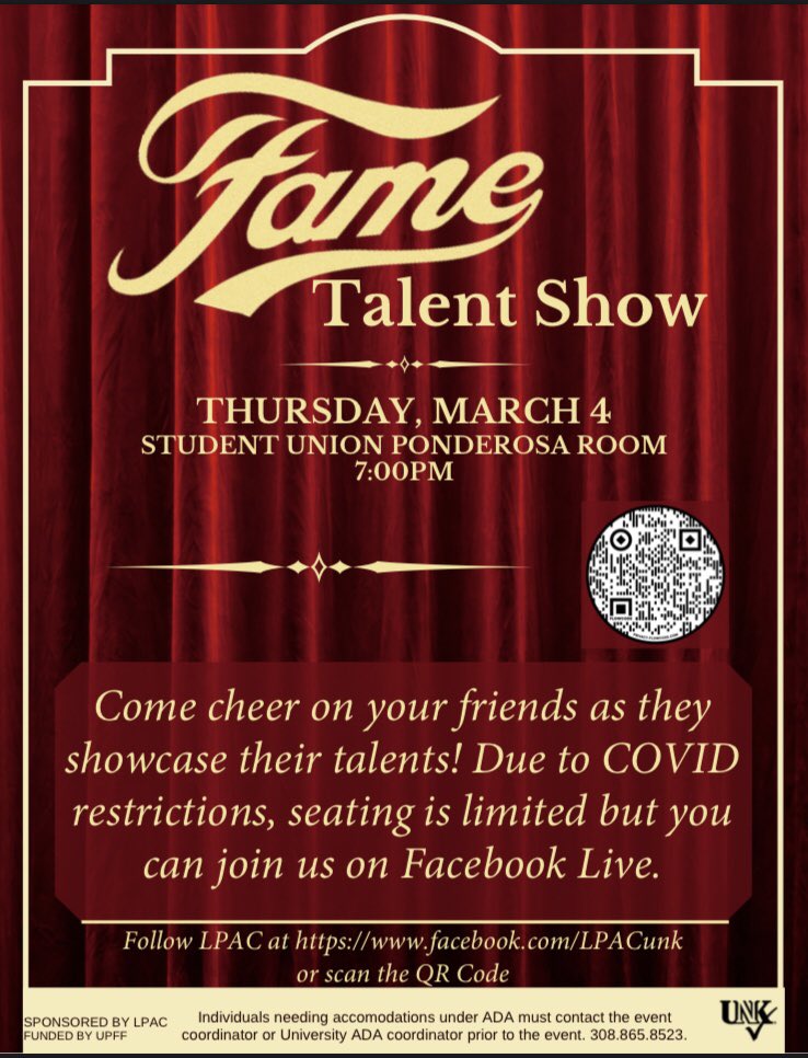 Just a reminder that our FAME talent show is at 7 p.m. Thursday, March 4th! We’ve had a record number of registrations this year, so the show is sure to be good!🤩
