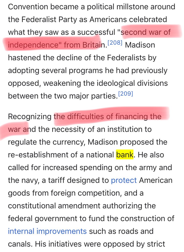 11/ The 2nd Bank of the US (2BUS for short) was created/promoted by several figures-James Madison-Henry Clay-Calhoun-2BUS PresidencesLet’s start with the POTUS who started itWhy did Madison start 2BUS?To finance warWar with whom?The Brits of course. In 1812