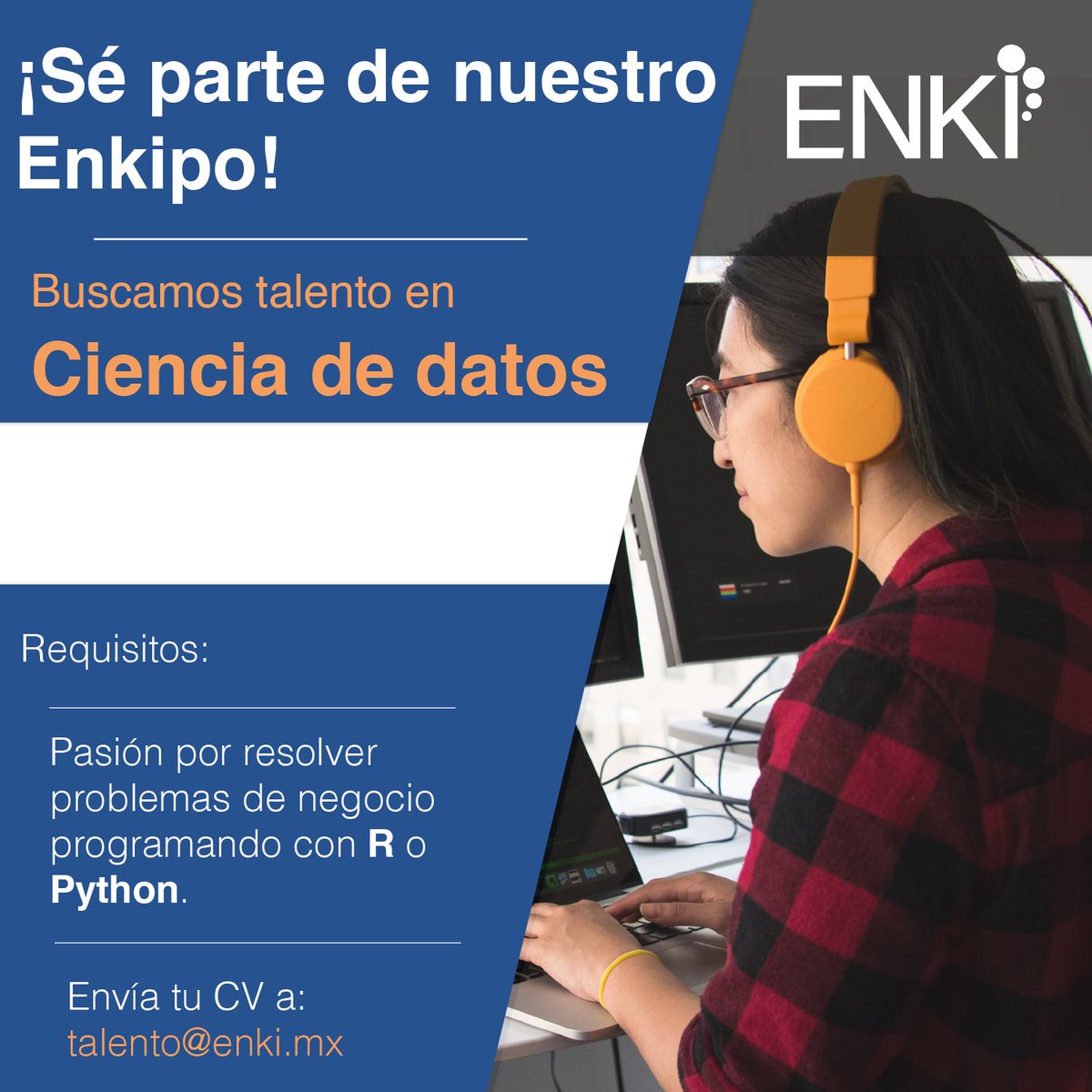 ¿Te gusta la Ciencia de Datos?

Tienes inquietud por resolver problemas de negocio programando en R o Python con los datos como principal insumo... tenemos una vacante que te puede encantar.
Envía tu CV a talento@enki.mx
#job #vacante #cienciadedatos #datascientist