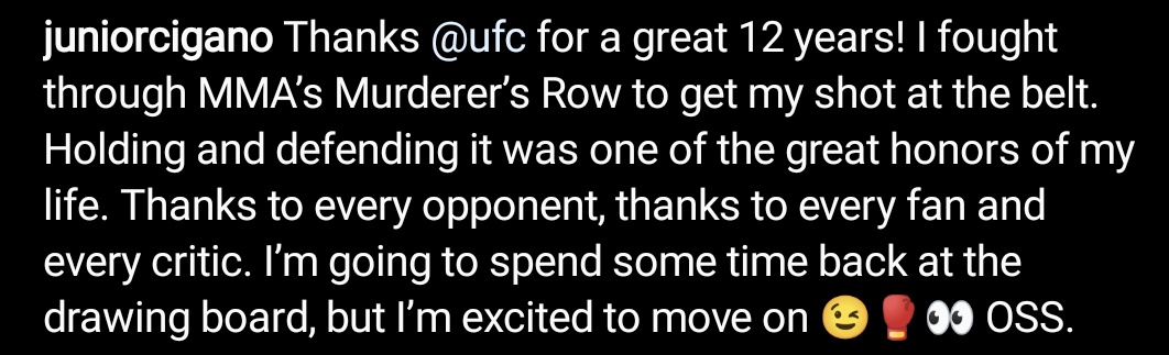 Junior dos Santos has announced his departure from the UFC via his Instagram account. https://t.co/1TV2ps2Y4A
