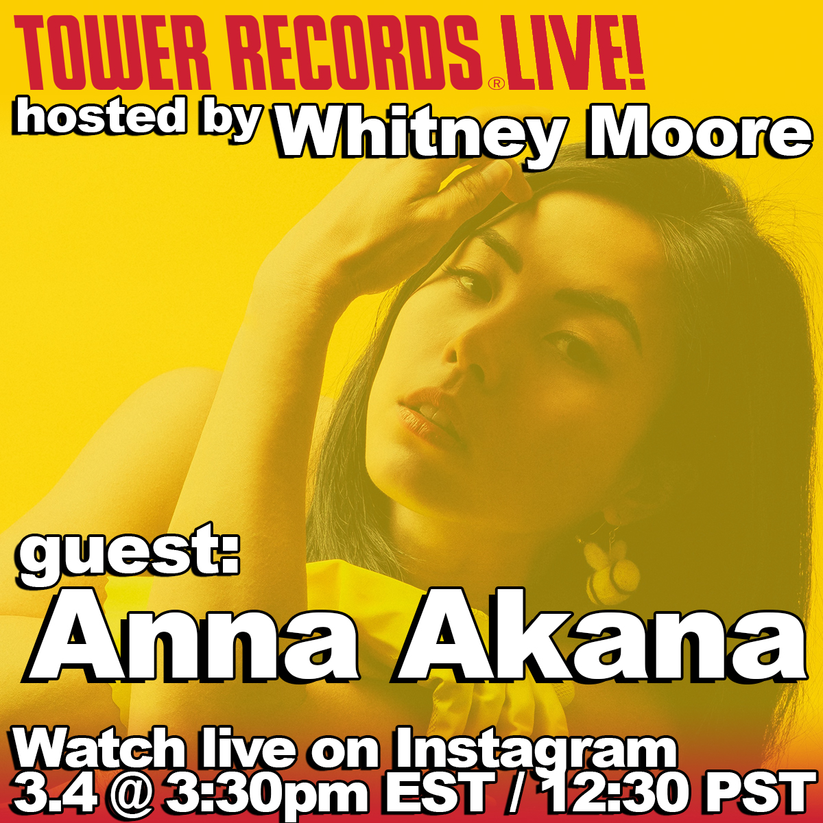 TowerRecords's tweet image. Coming up on #TowerRecordsLive! 🌟 Join host @TweetneyMoore and guest @AnnaAkana on Instagram: #OfficialTowerRecords today at 12:30pm PST / 3:30pm EST 📺 #AnnaAkana