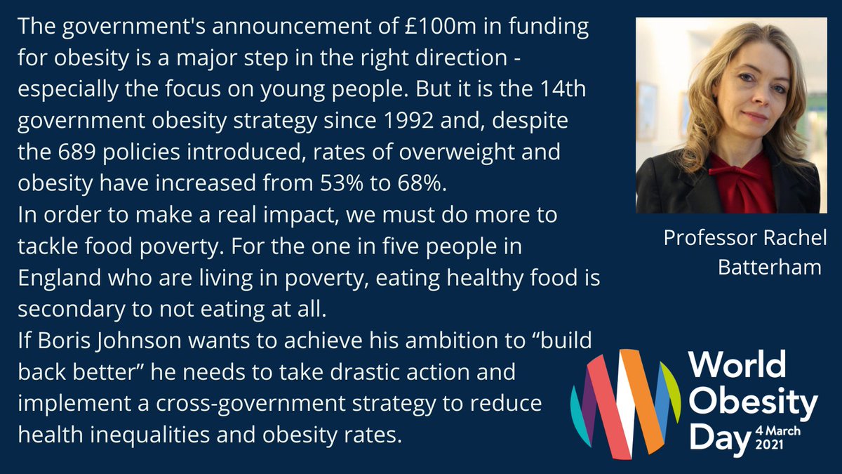 "A major step forward but if @borisjohnson wants to Build Back Better he needs to take drastic action and focus on health inequalities"

gov.uk/government/new…

Response to UK Government's #obesity strategy on #WorldObesityDay