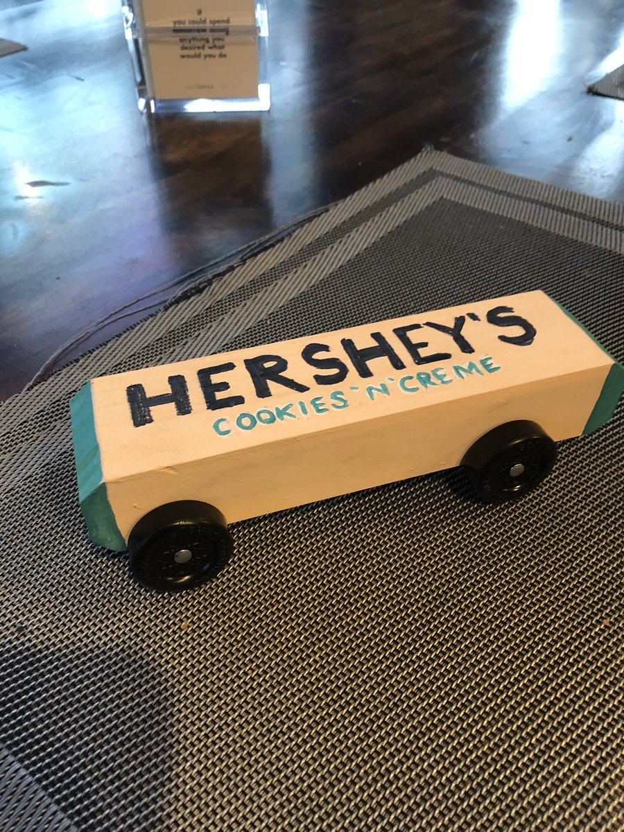 dognaut's tweet photo. @Hersheys my sons Boy Scout pinewood derby car https://t.co/TD6Ub9rErV