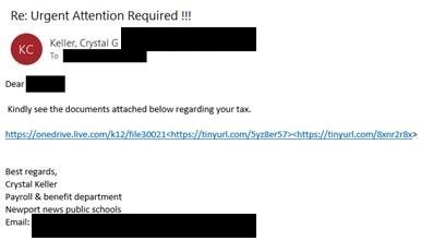NNPScybersec's tweet photo. 🎣🚨PHISHING ALERT🚨🎣 - Be on the lookout for this payroll/tax scam phishing email. This email should be ignored and deleted from your mailbox. Do not open any links, attachments or reply to the sender. #NNPSproud #phishingalert #phishing #ScamAlert https://t.co/vrH2kXUSCL