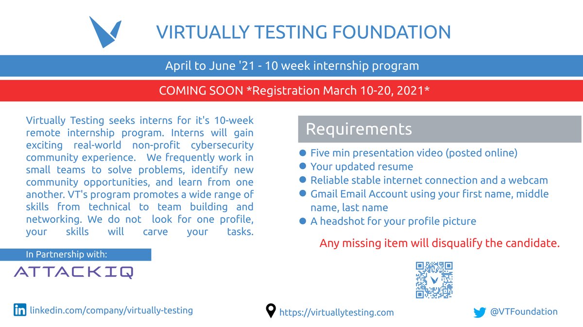 VTFResearch's tweet photo. Are you looking for a job but have no experience?
Are you looking for experience but have no job?
Join @VTFoundation and @AttackIQ 10-week internship (unpaid) to gain on-the-job learning experience.

#cybersecurity #virtuallytesting #onlinelearning #nonprofit #informationsecurity https://t.co/On7TudZy9S