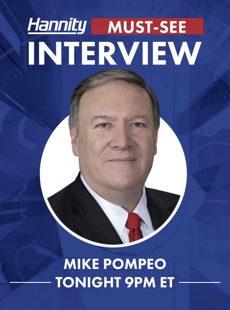 mikepompeo's tweet photo. Joining @seanhannity tonight. Tune in to @FoxNews at 9pm ET! https://t.co/n2KRo22AfY