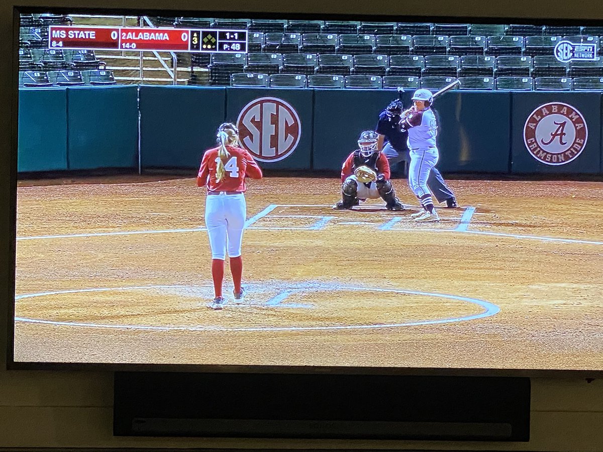 Watching a great <a href="/AlabamaSB/">Alabama Softball</a> <a href="/HailStateSB/">Mississippi State Softball</a> game with <a href="/gray_robertson/">Gray Robertson</a> <a href="/Slittlejohn28/">Sydney Littlejohn Watkins</a> on the call. Love midweek softball on <a href="/SECNetwork/">SEC Network</a> Let’s get those streaming numbers up softball fans!!! Go to the <a href="/espn/">ESPN</a> app and tune in now!! #growthegame #roadtowcws