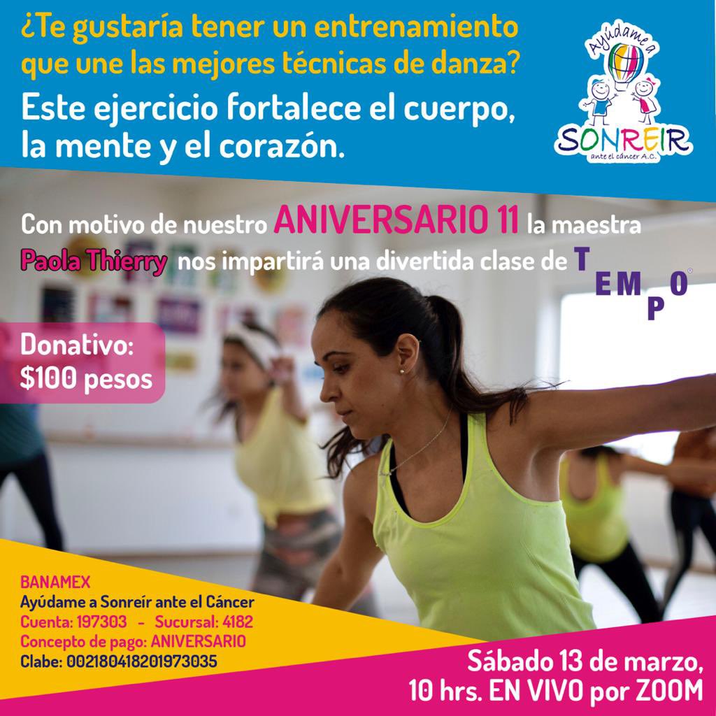 AyudameaSonreir's tweet photo. ¡ACTÍVATE CON #TEMPO en el mes del #aniversarioASAC y goza el mejor entrenamiento!
Aparta tu lugar para el sábado 13 de marzo a las 10:00 horas por ZOOM, el donativo es de $100.00 (o más si puedes😜) y con el concepto ANIVERSARIO, se duplica ❤️➡️❤️➕❤️.
¡GRACIAS!
#CáncerInfantil https://t.co/oxQvlfN7y8
