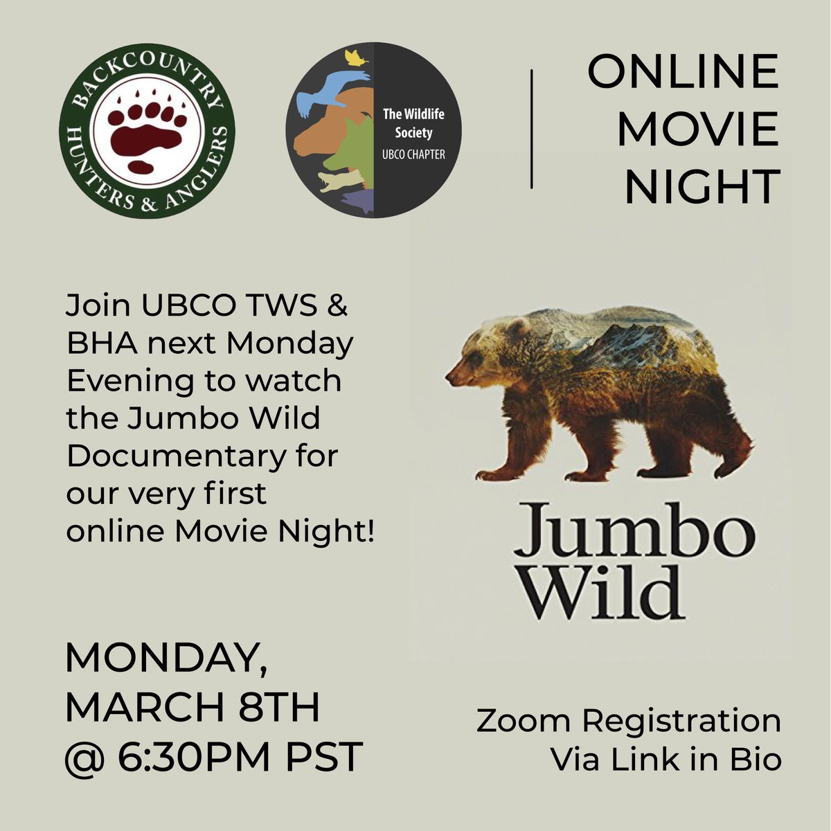 TWSOkanagan's tweet photo. #TheWildlifeSociety #UBC #UBCO #UBCOkanagan #wildlife #JumboWild We’re very excited to present a new event. We &amp; BHA @ubcoBHA have come together to organize an online Movie Night. Join us next Monday to watch the Jumbo Wild Documentary with other fellow wildlife lovers 🐻 https://t.co/f1qmvSGR6q