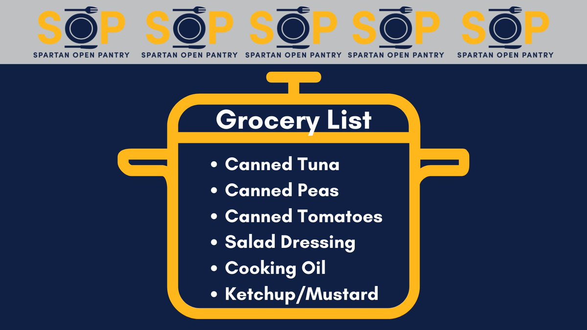 Help Spartan Open Pantry out and shop our grocery list! Donation drop-off is Monday 9am-12pm and Tues./Wed. 4-9pm. Thank you for your help!