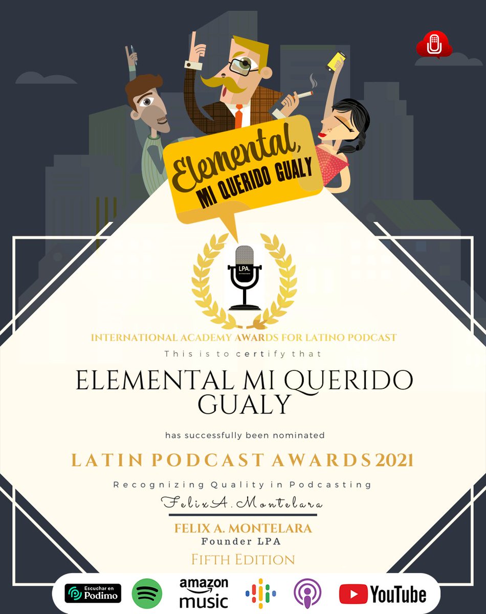 En 2020, más de 1 millón de episodios de podcast en español se estrenaron. Por eso nos emociona compartirles que nuestra primera producción original: "Elemental mi querido Gualy", se encuentra nominado en los <a href="/LatinPodcast/">Latin Podcast</a> Awards 2021

Vota por Gualy: latinpodcastawards.com