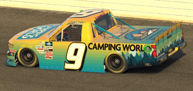 Testing out my new #campingworldracing paint scheme tonight in a #campingworldiracing event. <a href="/marcuslemonis/">Marcus Lemonis</a> &amp; <a href="/CampingWorld/">Camping World</a> check out those campers tied into the scheme! 🏁