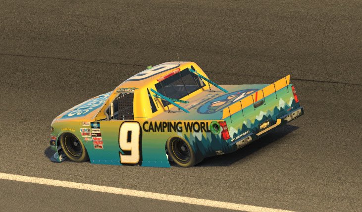 Alexjbrock9's tweet photo. Testing out my new #campingworldracing paint scheme tonight in a #campingworldiracing event. @marcuslemonis &amp; @CampingWorld check out those campers tied into the scheme! 🏁 https://t.co/fK82deTWNO