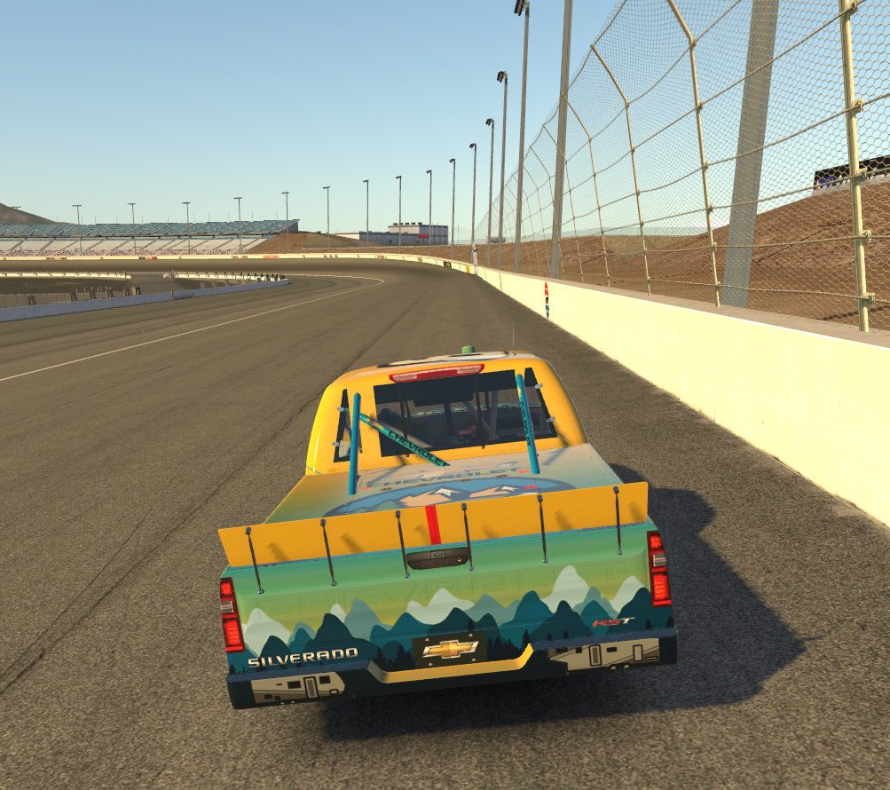 Alexjbrock9's tweet photo. Testing out my new #campingworldracing paint scheme tonight in a #campingworldiracing event. @marcuslemonis &amp; @CampingWorld check out those campers tied into the scheme! 🏁 https://t.co/fK82deTWNO