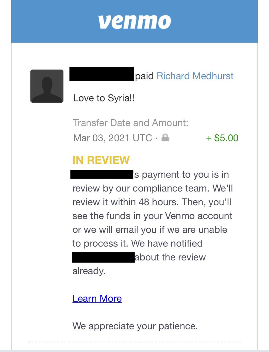 richimedhurst's tweet photo. Both @Venmo and @PayPal have frozen any donation that contains the word “Syria”. I’m asked to explain what the name of my country is doing in a donation because someone liked my reporting? Why don’t they explain why they have a problem with Syria? This is brazen discrimination. https://t.co/Ra4Pt2NZlR