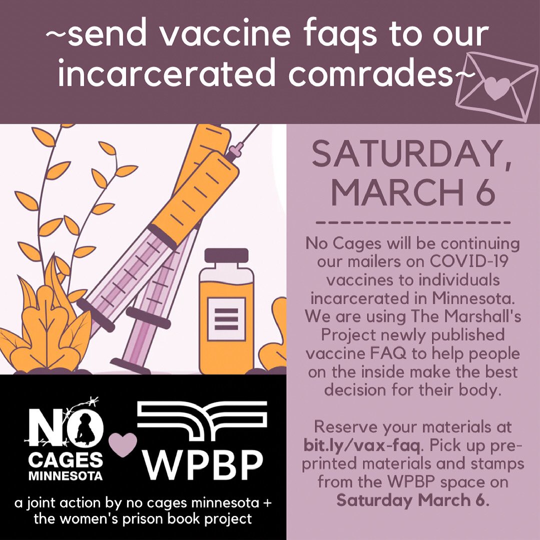 Help us mail vaccine FAQs to incarcerated Minnesotans! This Saturday. Sign up to reserve your materials at bit.ly/vax-faq