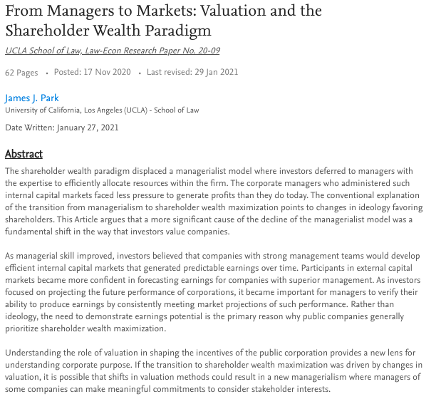 JofCorpLaw's tweet photo. We're thrilled to be publishing "From Managers to Markets: Valuation and the Shareholder Wealth Paradigm" by James Park of @UCLA_Law in Vol. 47 of JCL! https://t.co/dImwApjJYN https://t.co/YGA0BRNBtw
