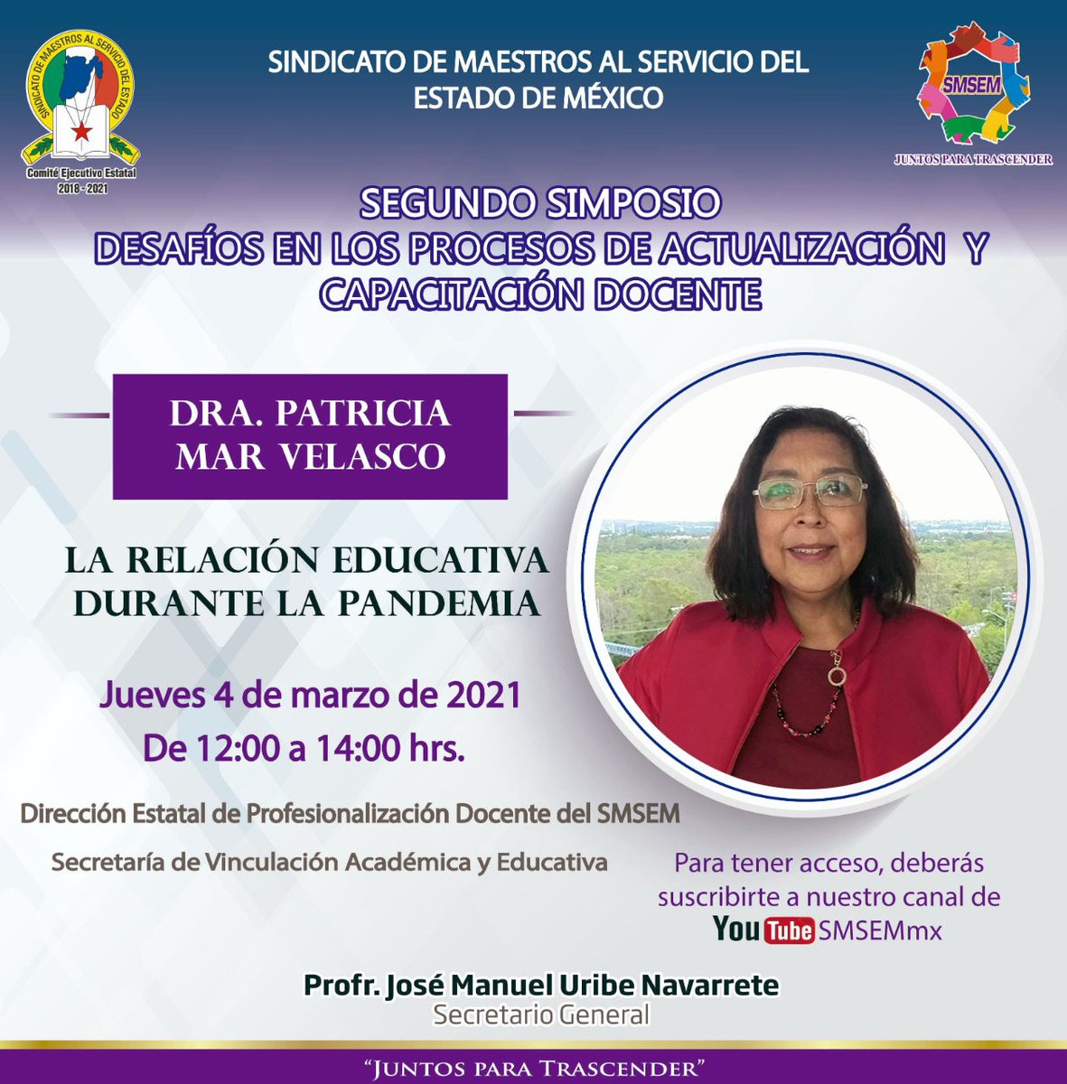 SMSEMmx's tweet photo. El SMSEM tiene el agradado de invitarles a nuestro segundo simposio", esta vez con el tema "La relación educativa durante la pandemia", que brindará la Dra. Patricia Mar Velasco.
Este 4 de Marzo de 2021 a partir de las 12:00 hrs. https://t.co/7sQPNzfsIk