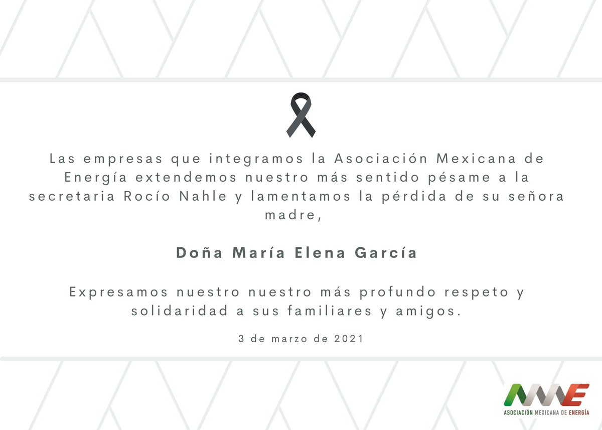 En la Asociación Mexicana de Energía expresamos nuestro más sentido pésame a la secretaria <a href="/rocionahle/">Rocío Nahle</a>  por el lamentable fallecimiento de su señora madre. 
#DescanseEnPaz
