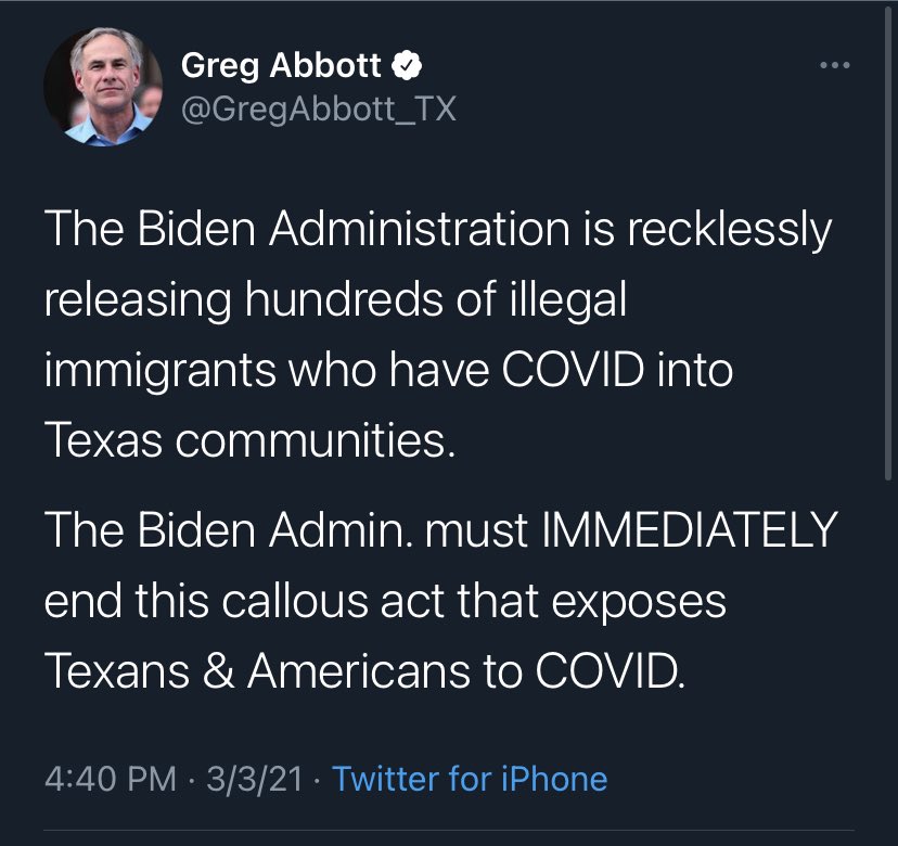 Mike_Hixenbaugh's tweet photo. The new message emerging here is that the Covid threat in Texas is not serious enough to warrant continued restrictions and if there’s a spike after those restrictions are ended it’s because of undocumented immigrants and asylum seekers from Central America. https://t.co/JFHLrpGFEi