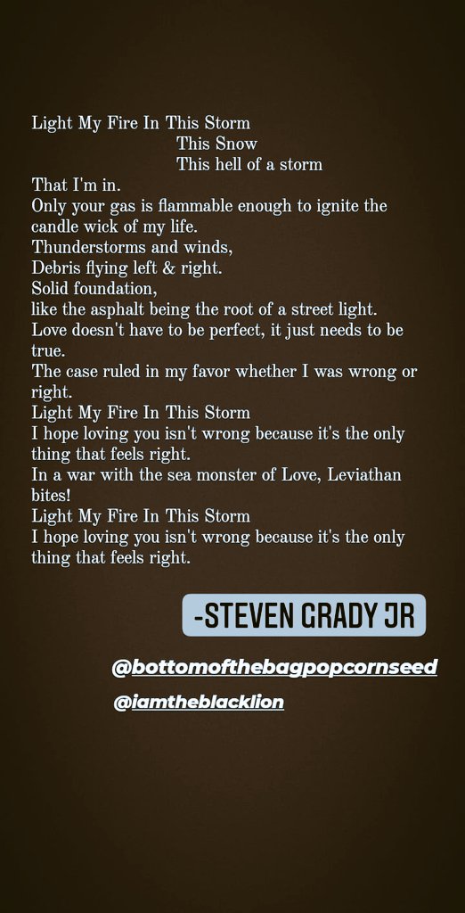 iamtheblacklion's tweet photo. "Light My Fire In This Storm"©

*Jim Morrison writing prompt from IG
°
°
°
°
#poet #poetry #spokenwordartist #explorepage 
#WritingCommunity #WritersNetwork #ArtistOnTwitter #ArtistontheRise
#StevenGradyJr #BottomOfTheBagPopcornSeed
#SlamPoetry #PoetsPlayground #PoetsOfTwitter https://t.co/GNZIEdQZLd