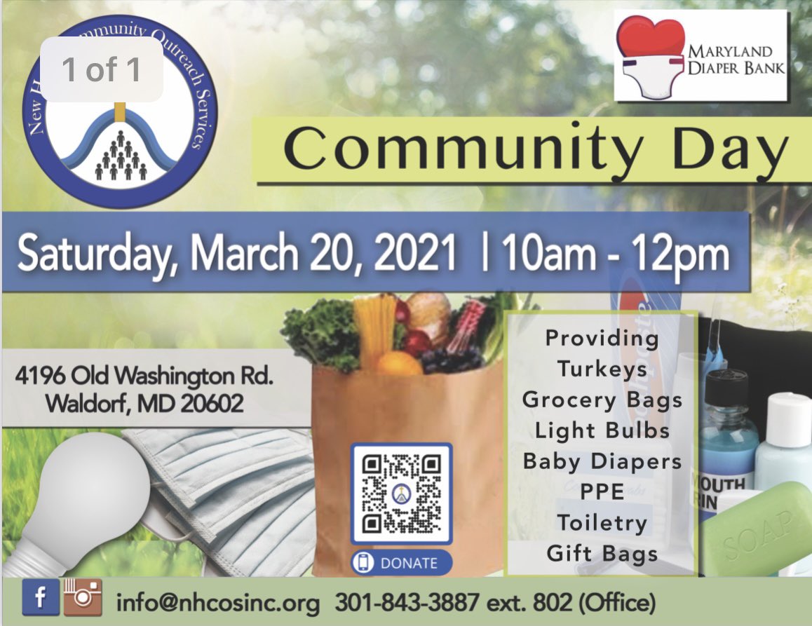 NHCOS1's tweet photo. Mark Your Calendars For Community Day On March 20th, 2021!
New Hope Community Outreach In Partnership w/ Maryland Diaper Bank Is Hosting Our 3rd Community Day of 2021!
March 20, 2021
10a - 12p
Address: 4196 Old Washington Rd Waldorf Md 20602
https://t.co/egQl1TrhEF
#nhcos https://t.co/UqI5KmBWwP