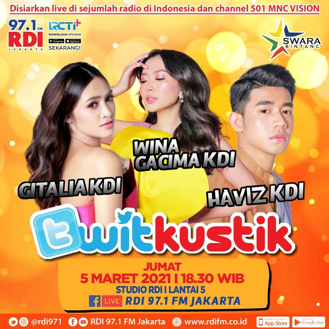 97.1 FM RADIO RDI JKT (@rdi971) on Twitter photo Yuk yuk ramein #twitkustik jumat, 5 Februari 2020
Bakal ada Gita KDI , Wina KDI, Haviz KDI lho. Sayang bgt kan kalo dilewatin.
Tonton mereka di live streaming fanspage radio RDI Jakarta ya. Seperti biasa <a href="/ainatitta/">aina titta</a> sama <a href="/kongjaing2/">Kong Ja'ing</a> bakal bikin semakin seru jumat malam kamu hehe Yuk yuk ramein #twitkustik jumat, 5 Februari 2020
Bakal ada Gita KDI , Wina KDI, Haviz KDI lho. Sayang bgt kan kalo dilewatin.
Tonton mereka di live streaming fanspage radio RDI Jakarta ya. Seperti biasa <a href="/ainatitta/">aina titta</a> sama <a href="/kongjaing2/">Kong Ja'ing</a> bakal bikin semakin seru jumat malam kamu hehe
