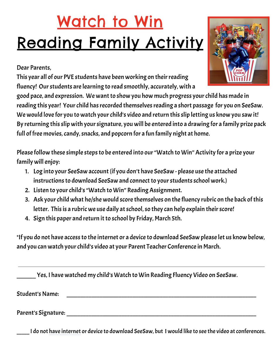 PVEPioneers's tweet image. PVE Parent Reminder: It’s time to watch your kids reading on SeeSaw to win a family prize!  Be sure to download the SeeSaw Family App, and watch your student reading!  Kindergarten students simply read an SFA book at home without SeeSaw. Signed slips are due Friday! #WatchToWin