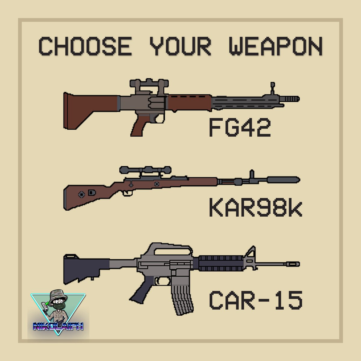 WavinNikolaiPro's tweet photo. Choose from some of my favorite weapons!
I experimented with Pixel Art by Pixelating my favorite weapons (๏ฝโยด )ใ
I'll be uploading new vid tomorrow, YT is in my description XD
#Vaporwave #PixelArt #WarWave #Military #photoshop #editing https://t.co/wZ84QlodFW