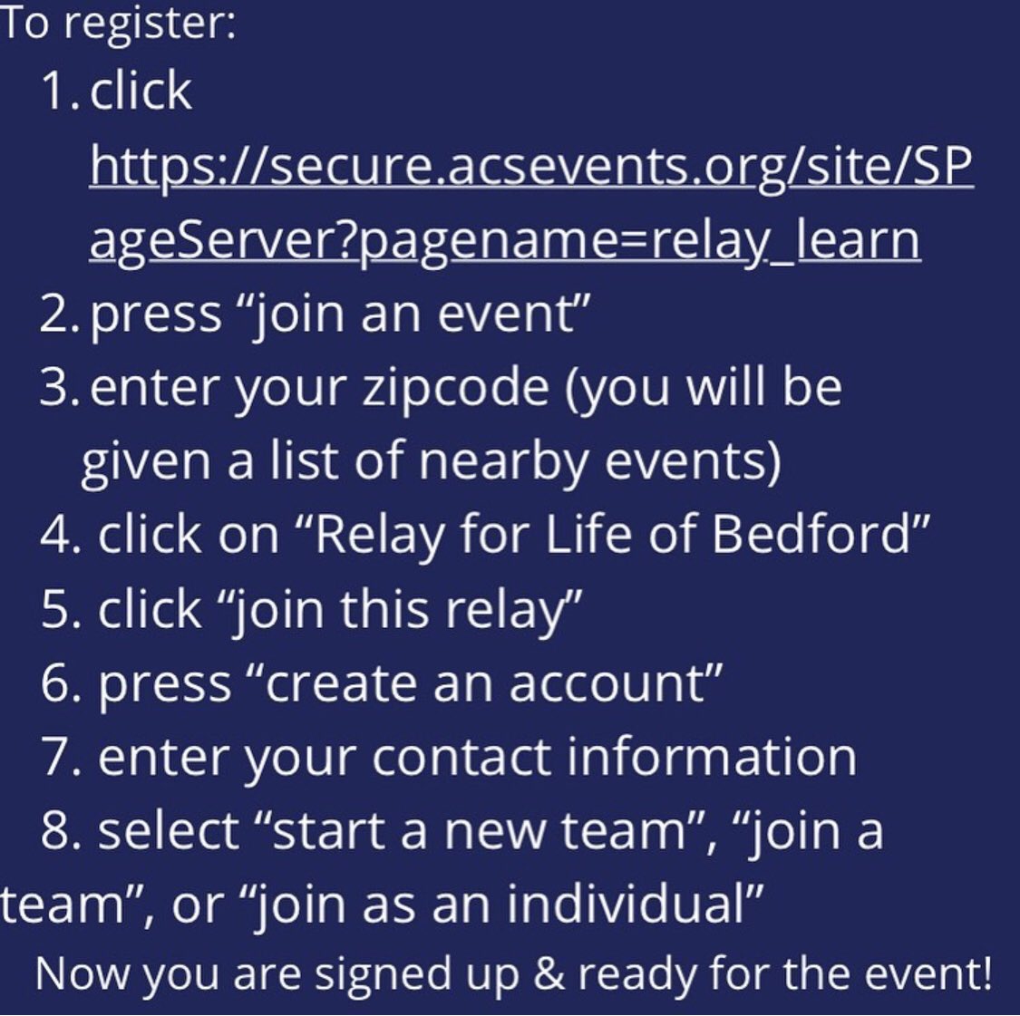 BedfordRelay's tweet photo. Cancer survivors and caregivers sign up for Relay for Life to join a great community dedicated to fighting this disease! https://t.co/tfzSVmt5rp