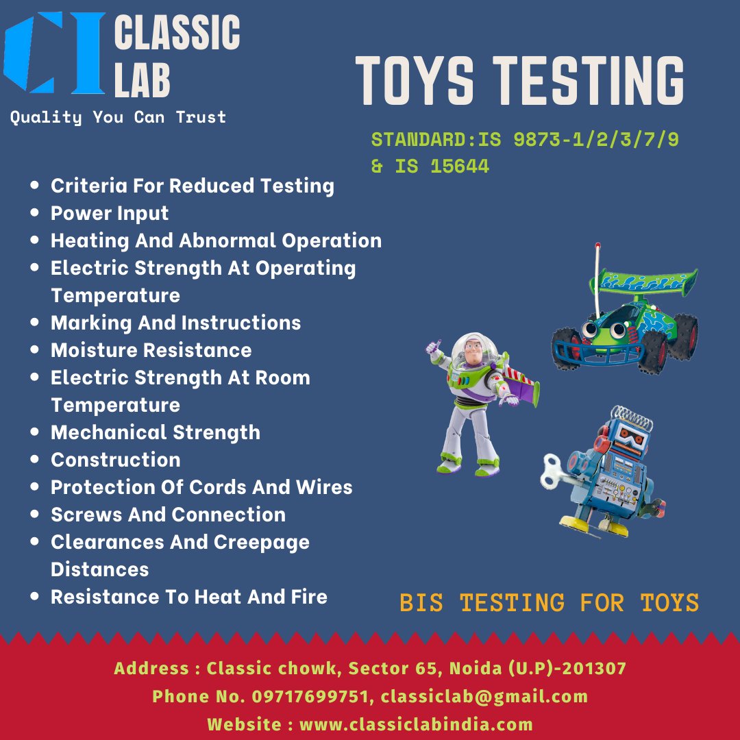 ClassicLabIndia's tweet photo. BIS Testing for Toys
For more details visit our website : https://t.co/fyNb9Z6NJm
#ClassicLabIndia #ClassicLab #CalibrationServices #NABLandBISapprovedLabs
Address : Classic Chowk, Sector 65, Noida-201307 https://t.co/neeYw59wco