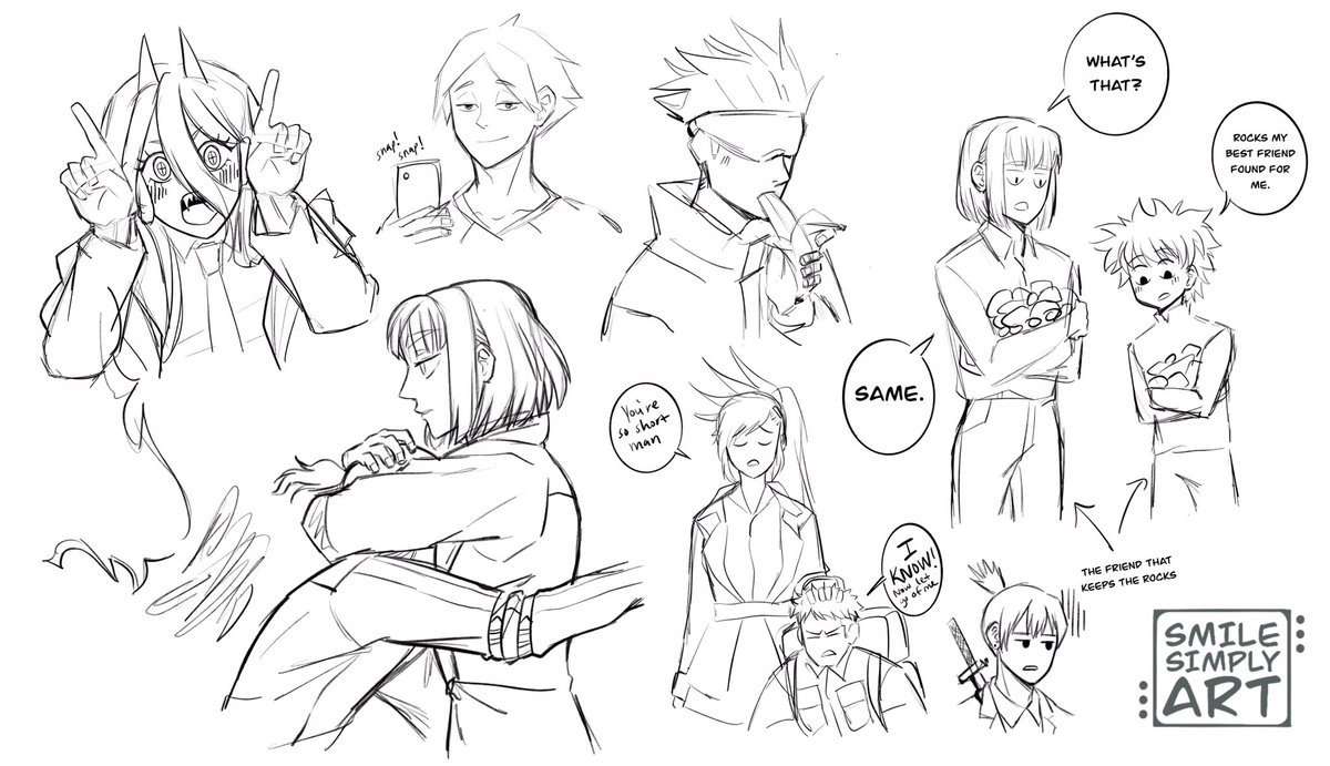 SKETCHES!!

Here we have Power making finger horns, khunbam hug, Gojo eating a banana, Suna taking photos, Yuri teasing Evan, Aki dealing with some bullsh*t, and a khun/killua interaction.

#TOG #JJK #CSM #HXH 