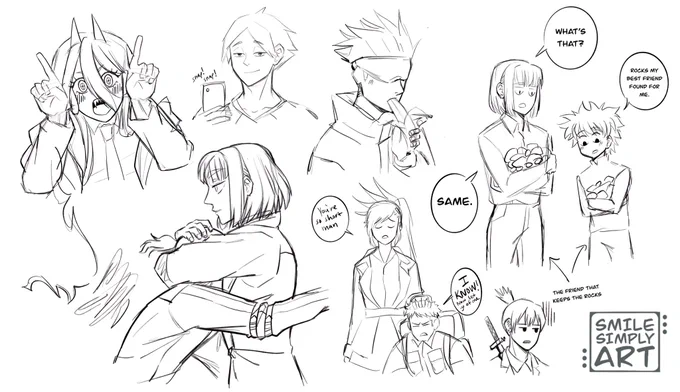 SKETCHES!!

Here we have Power making finger horns, khunbam hug, Gojo eating a banana, Suna taking photos, Yuri teasing Evan, Aki dealing with some bullsh*t, and a khun/killua interaction.

#TOG #JJK #CSM #HXH 