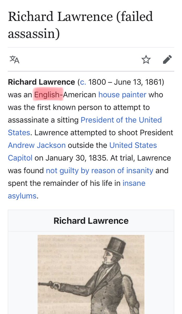 2/ That is Richard Lawrence & his target?Andrew JacksonWhat is AJ most famous for?Fighting the banks.Specifically: THE BankHe had a crazy notion it’d influence our elections & cause the rich to become too powerfulFun fact about the would-be assassin:*He was a BRIT*