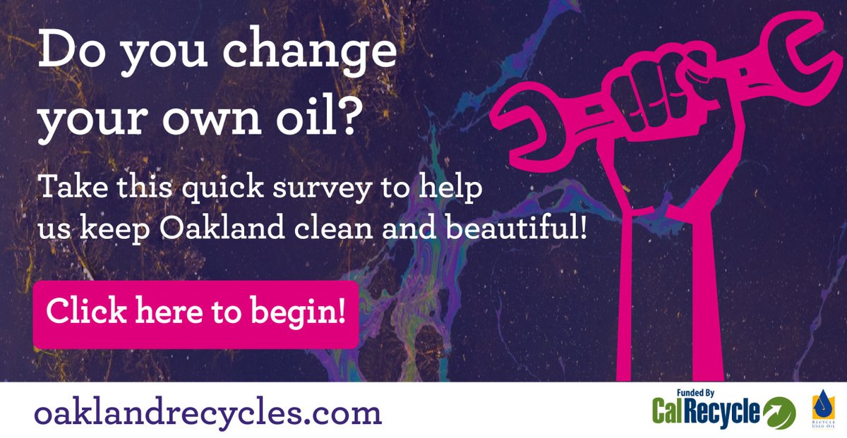 OaklandRecycles's tweet photo. Do you change your own oil? We would love to hear from you! Please click on the link below to answer a few simple questions that will help us design easier ways for DIYers to recycle used motor oil and filters. Learn more or participate here: https://t.co/XhBQy9nLiQ https://t.co/HtZFc0ZBeS