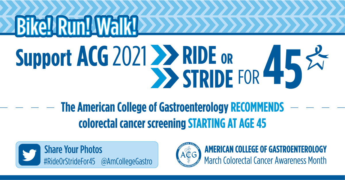 AmCollegeGastro's tweet photo. #RideOrStrideFor45: Bike/run/walk 45mi total OR 45mins/day to show your support for starting CRC screening @ age 45
Join the #ColorectalCancerAwarenessMonth campaign & track your time/distance!
🚲👟https://t.co/LrTPFzmQ7z
#RideOrStride45 #RideOrStride45 #Ridefor45 #Stridefor45 https://t.co/8oOxoHA2Zn
