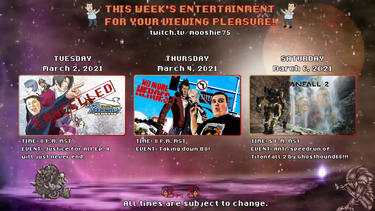 MooshieLives's tweet photo. Dropping this a bit late, but this week had a rough start. Playing #NoMoreHeroes tomorrow night while my good friend @OcgJames will be playing through #Titanfall2 for our entertainment. Hope you'll join us! #OCGamer
https://t.co/X0JFLL0lhC https://t.co/gClBseuQjU