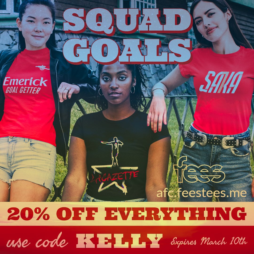 NolaGooner's tweet photo. The big @feestees sale continues, 20% off with code KELLY until March 10th! What are you waiting for, assemble your squad today! Visit the All Arsenal Store https://t.co/6aLT6OAmJZ #ARSENAL #squadgoals #afc #goonergals #sale #feestees #COYG https://t.co/0LxphSLvzc