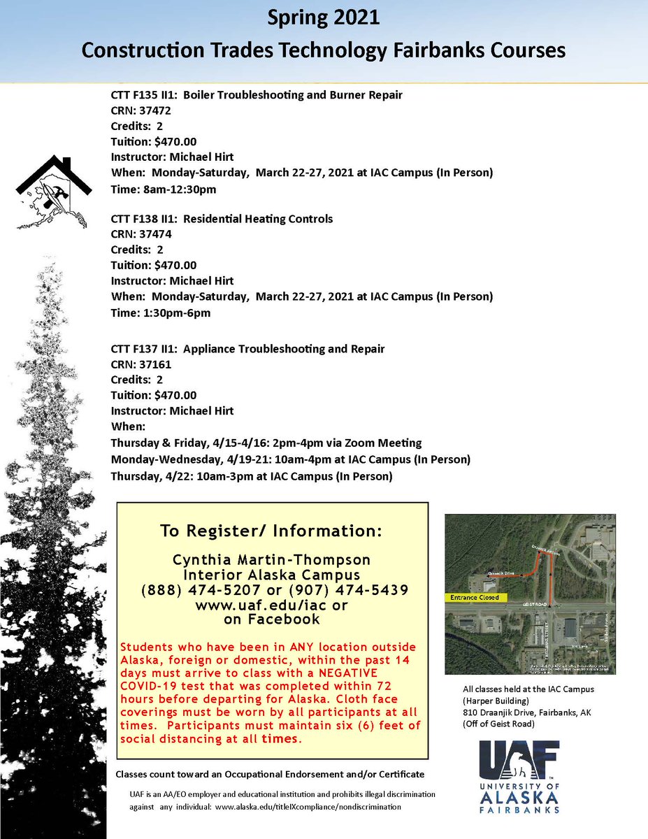 Interior Alaska Campus is offering some great specialized training in residential heating systems! These classes are one week long and start on March 22 &amp; April 15 at the Harper building off of Geist Road. Contact IAC with questions on course information and registration!