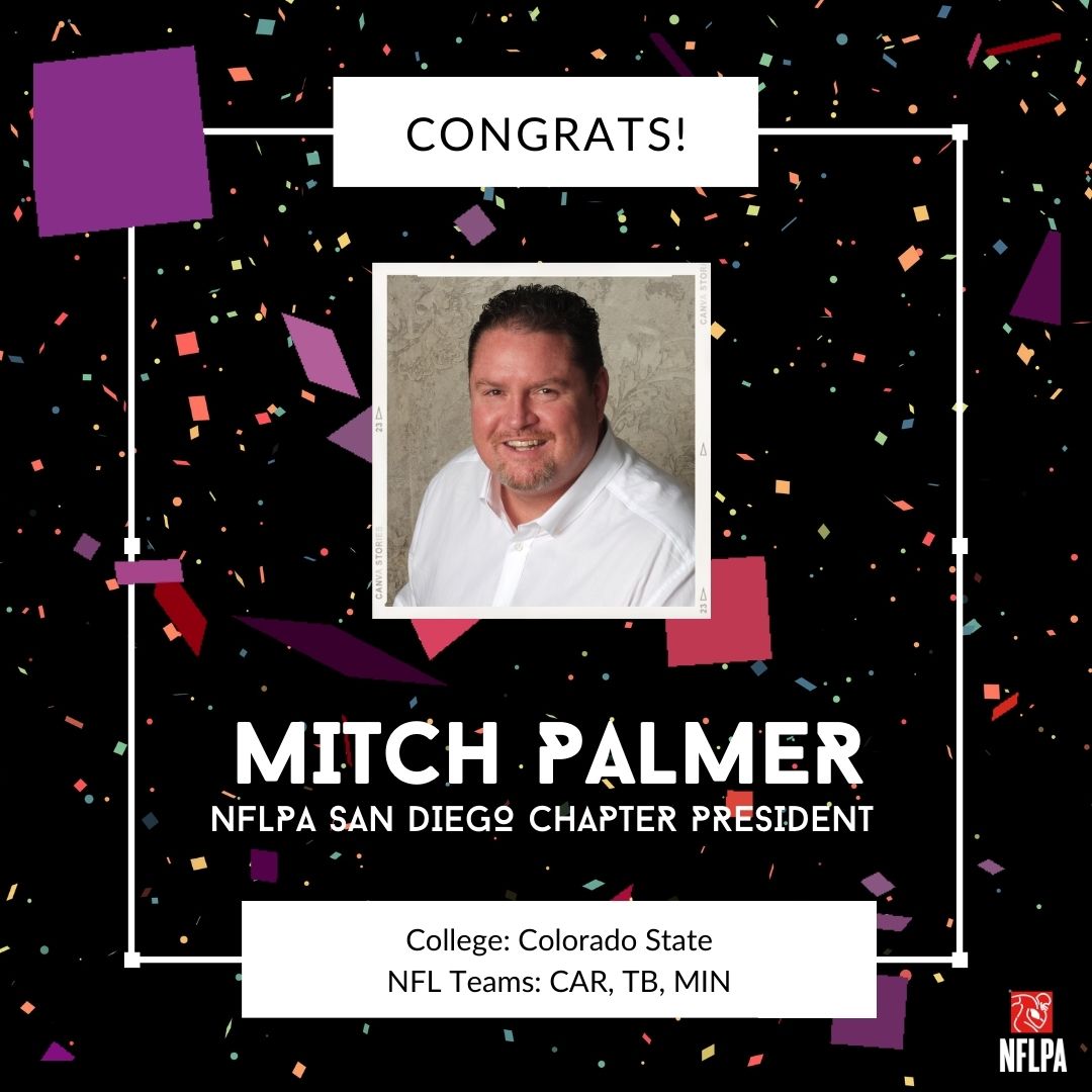 Congrats to the newly-elected NFLPA San Diego Chapter Leadership Team:

President: Mitch Palmer (<a href="/mitchpalmer57/">Mitch Palmer</a>)
VP: Steve Pierce
Secretary: Mat McBriar (<a href="/matmcbriar/">Mat McBriar</a>) 
Treasurer: George Jakewenko

#NFLPAFraternity