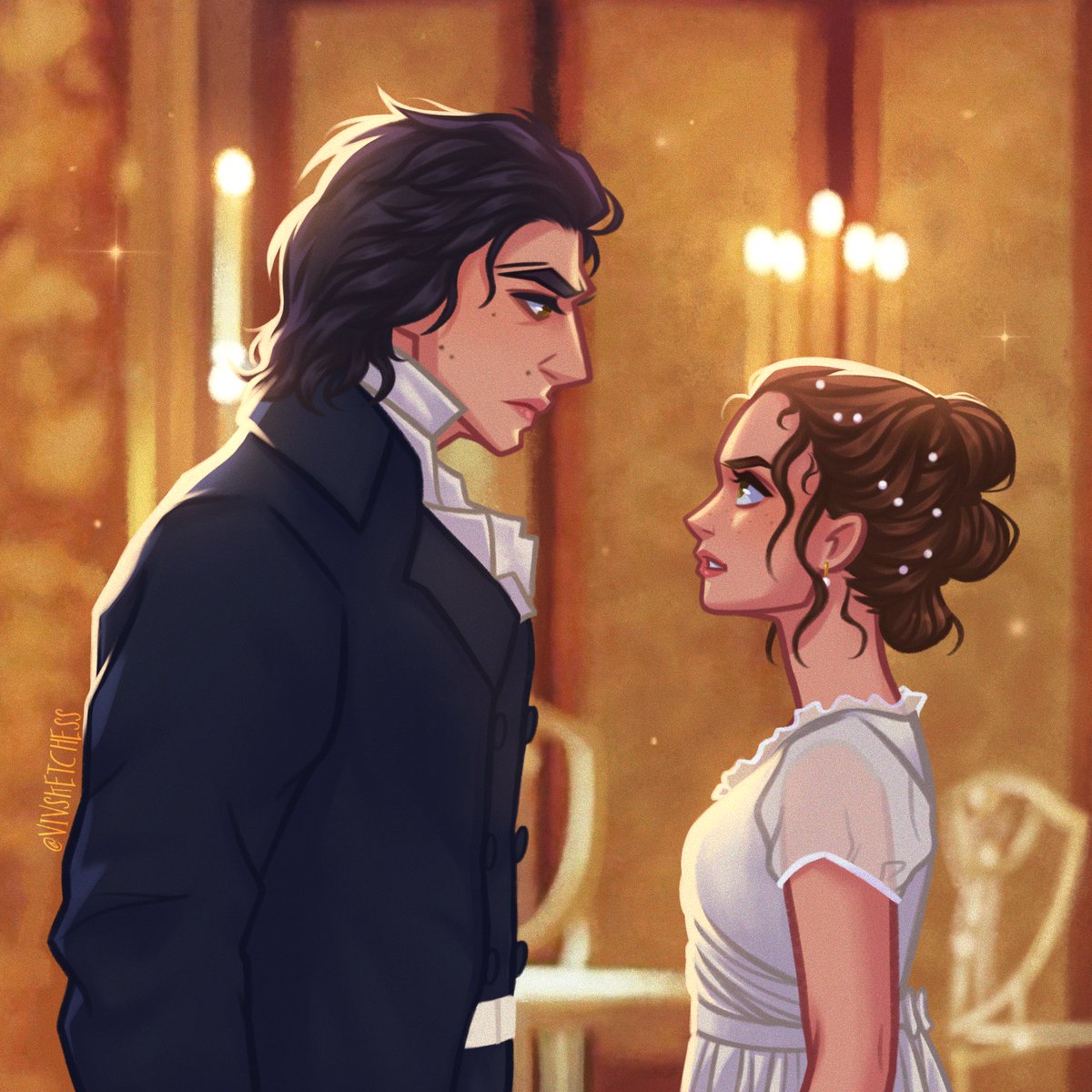 Vivsketchess's tweet photo. Back at it with another Reylo P&amp;P scene✨
.
.
p.s. I think they like each other :D #reylo #rey #bensolo #PrideandPrejudice #au https://t.co/X5e53PqGJe