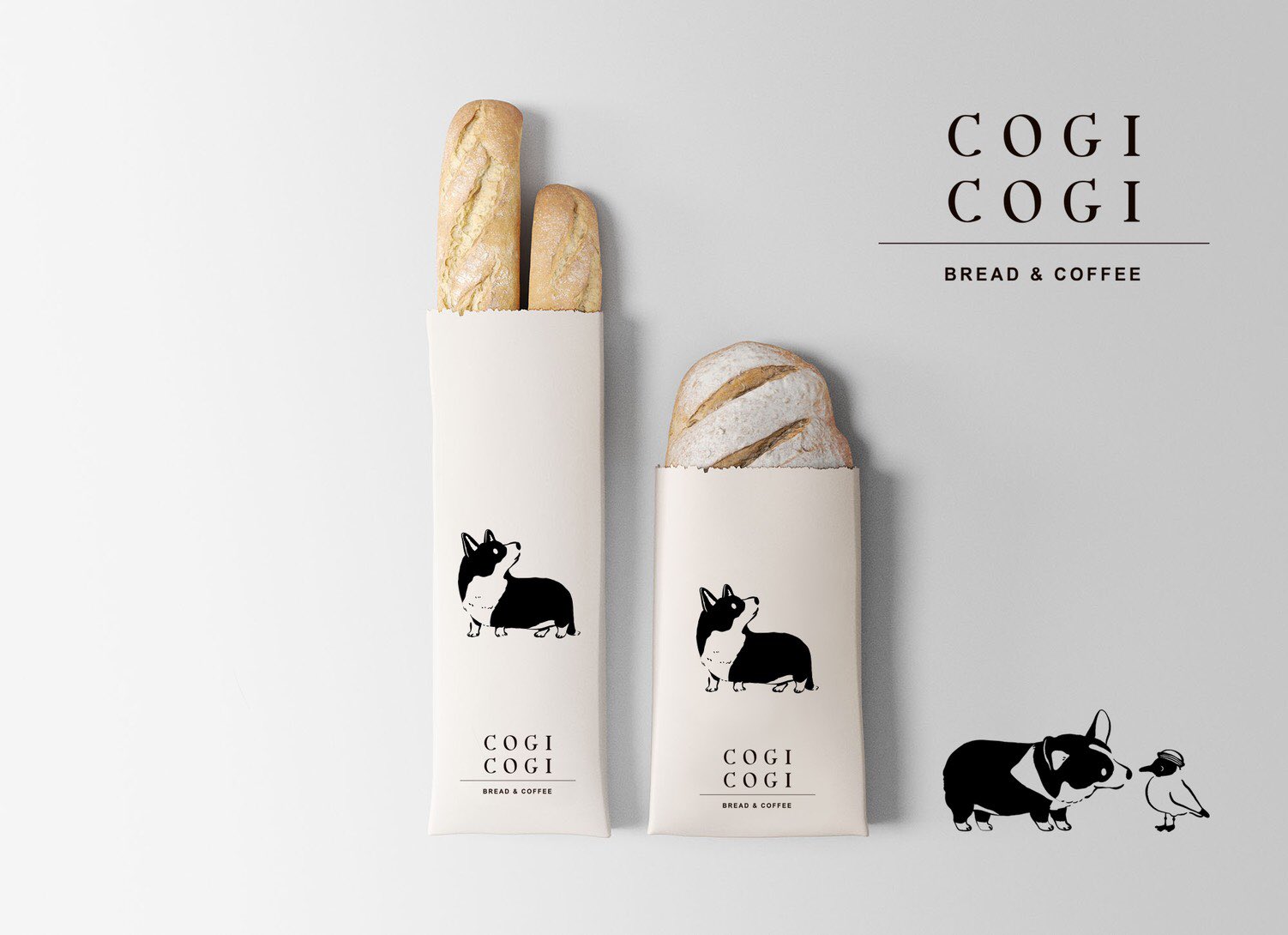 Twitter 上的 サカモトリエ イラストレーター 知り合いのデザイナーさんがコーギーのイラストを使ってパン屋さんの袋のパッケージデザインをしてくださいました 実際には販売してない架空のお店ですが コギまるけのイラストでオシャレにデザインしてもらえてとっても