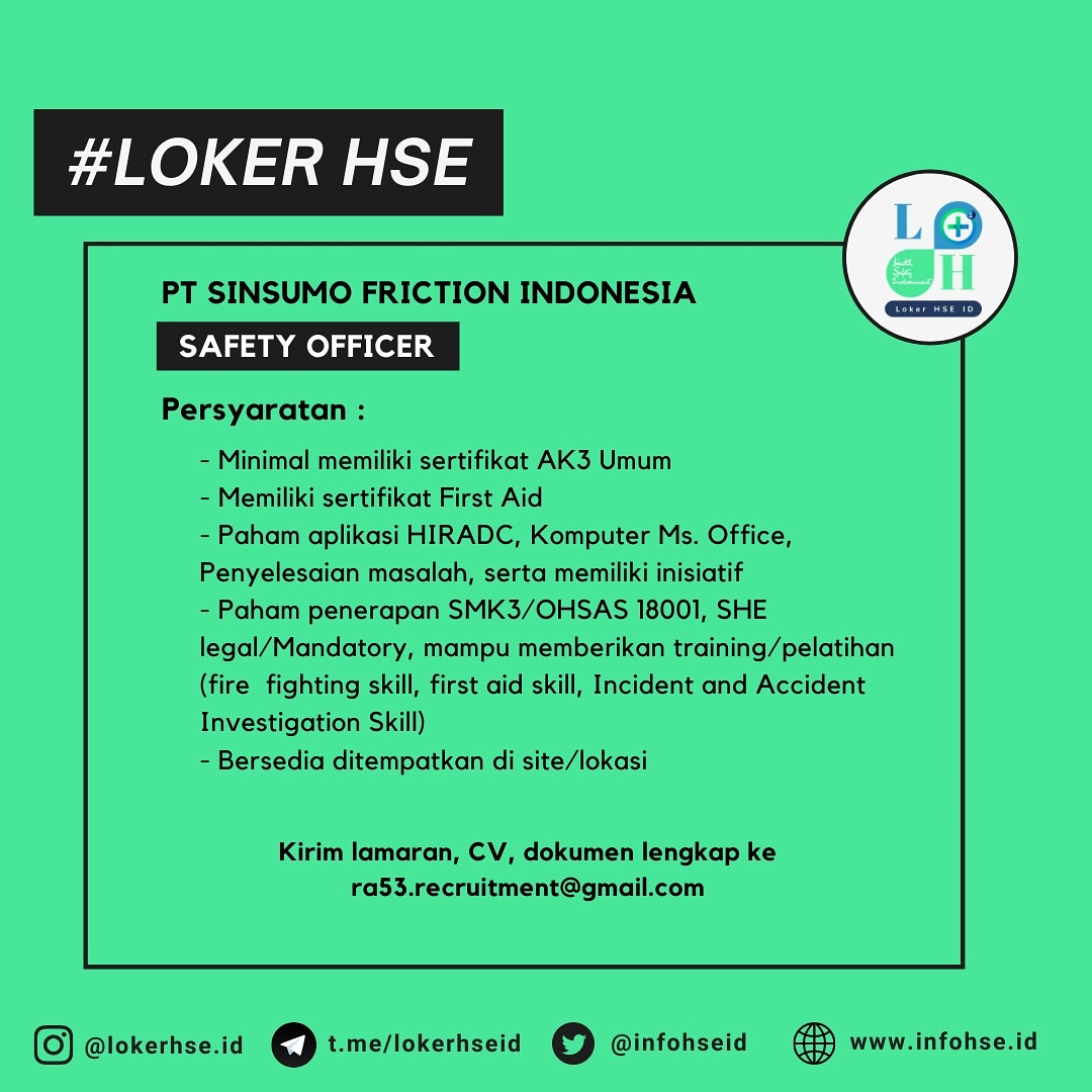 Infohseid's tweet photo. [DICARI SAFEY OFFICER DI PT SINSUMO FRICTION INDONESIA !]

https://t.co/epMVjsUoQ6

IG @lokerhse.id
#lokerHSE https://t.co/aR0VvQhj3l