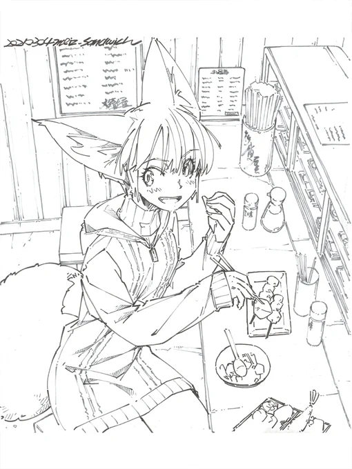 【作業中】なんでも食える店
#線画 #狐娘 